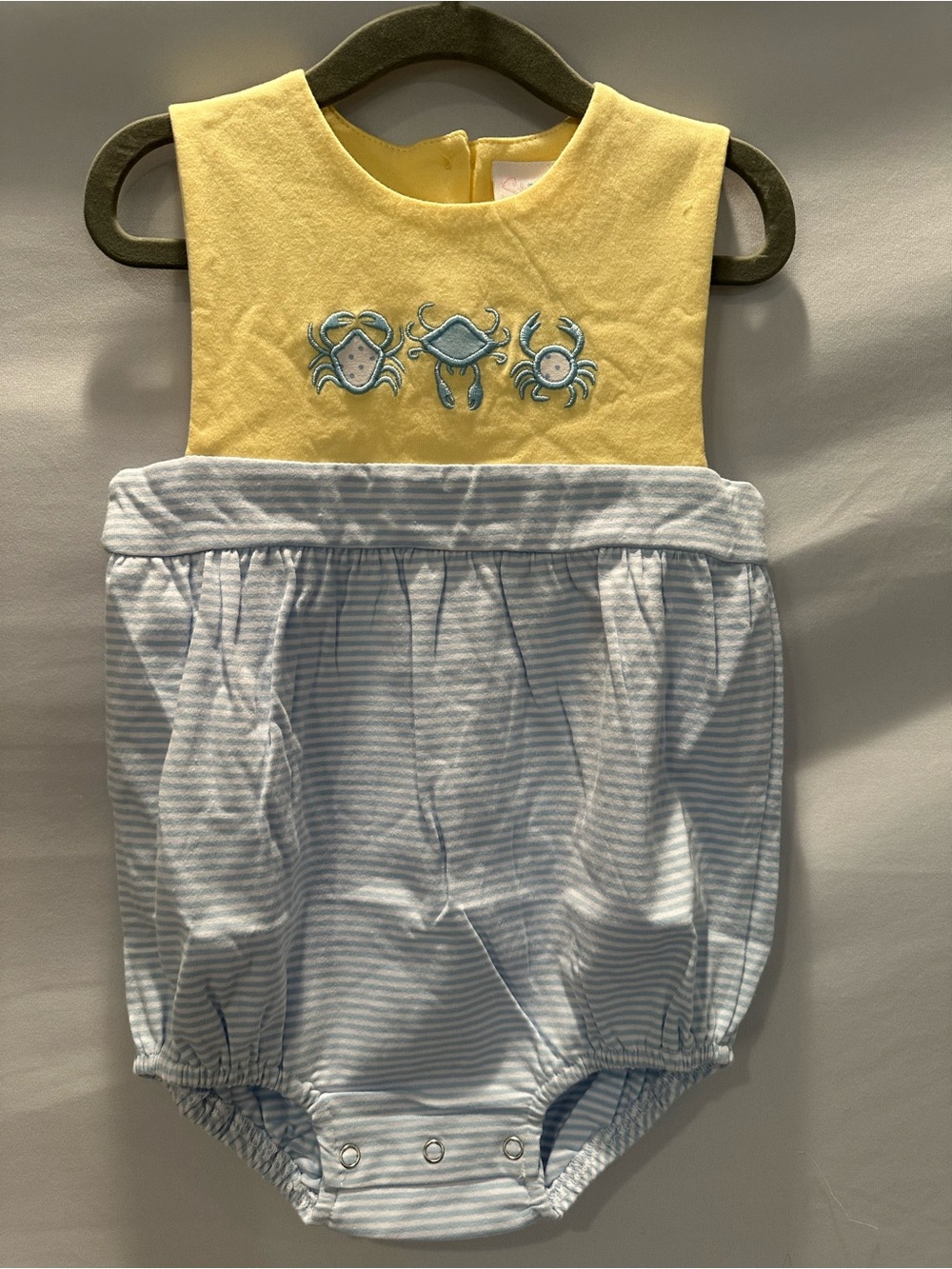 Yellow & Light Blue Crab Embroidered Baby One-Piece